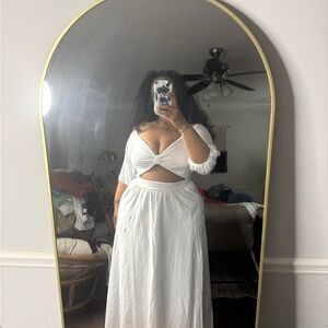 Rebdolls White Cream Sundress with Plunge Neckline and Puff Sleeves